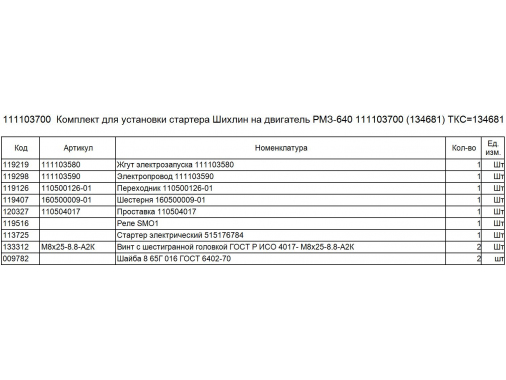 Комплект для установки стартера Шихлин на двигатель РМЗ-640 111103700